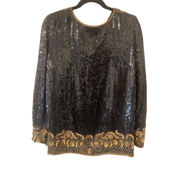 VTG Jean 4 Joseph Le Bon 100% Silk Cocktail Evening Jacket Sequin Black Gold MED - Picture 5 of 12